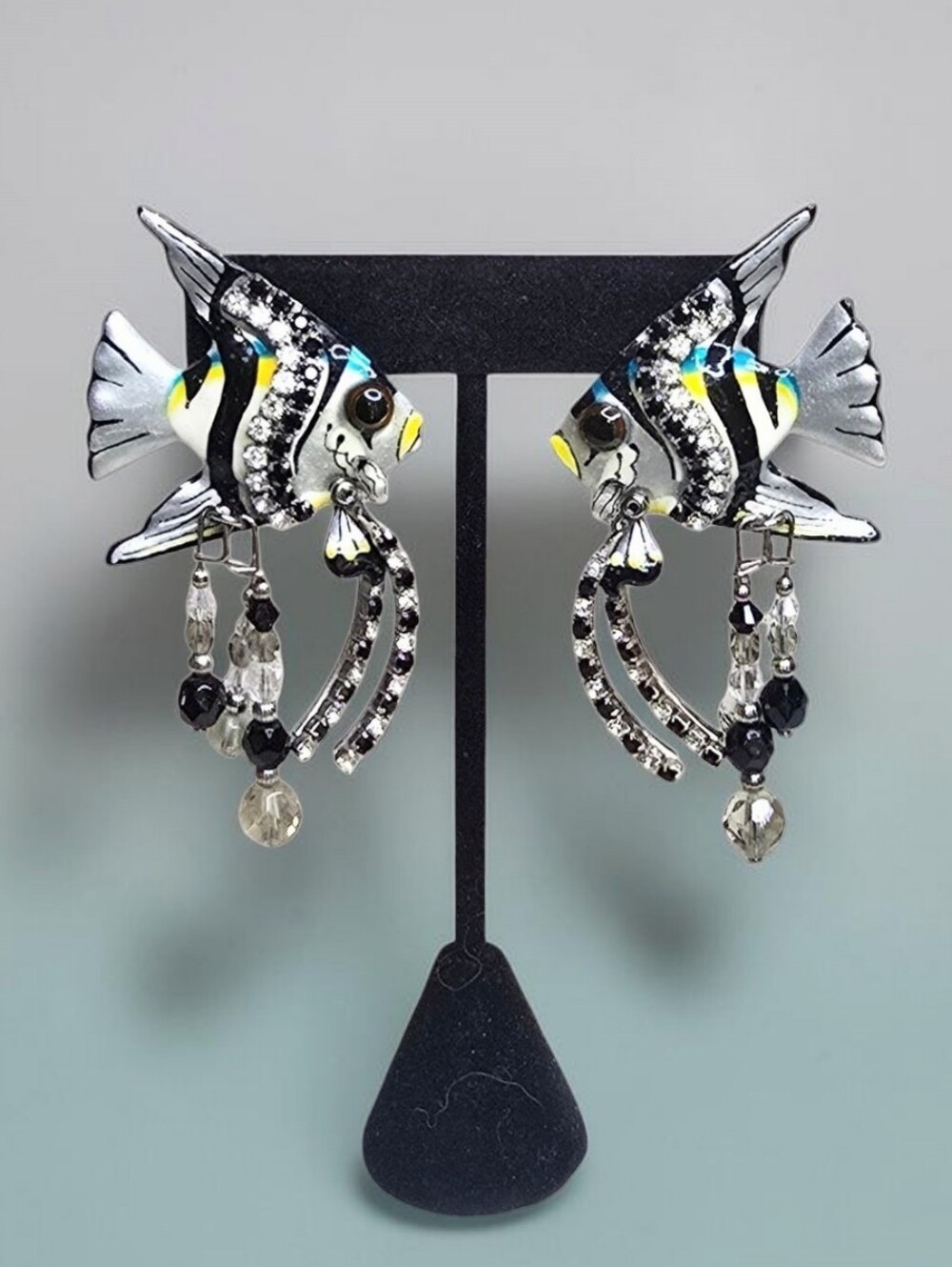 "Lunch at the Ritz" Vintage Enamel Angelfish Dangle Pierced Earrings